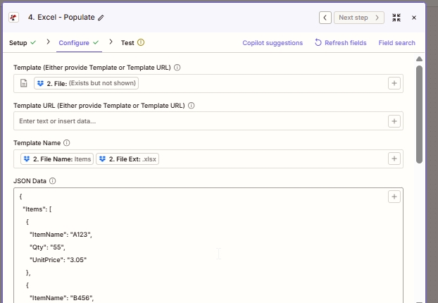 Zapier Excel - Populate action Configure tab showing Template mapped to 2. File, Template URL empty, Template Name assembled from 2. File Name plus 2. File Ext .xlsx, and JSON Data containing an Items array with objects that have ItemName, Qty, and UnitPrice fields.